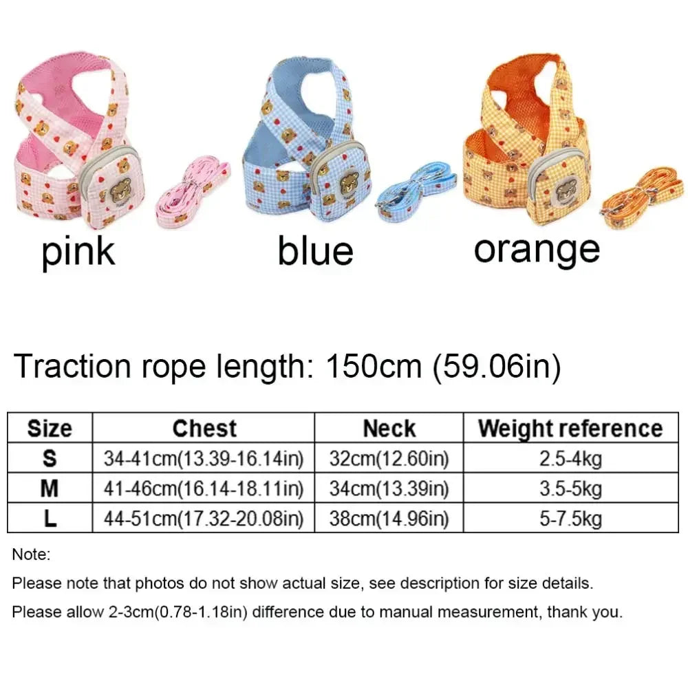 Pet Harness with Backpack for Dog Outdoor Travel Dog Snacks Backpack Cute Bear Motif Dog Harness with Leash Mini Dog Backpack