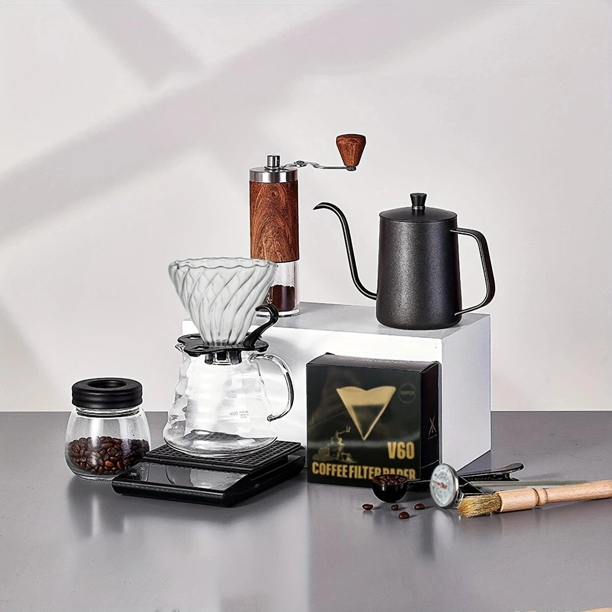 Outdoor combination portable commercial gift box, powder press, powder distributor, hand brewed coffee pot set