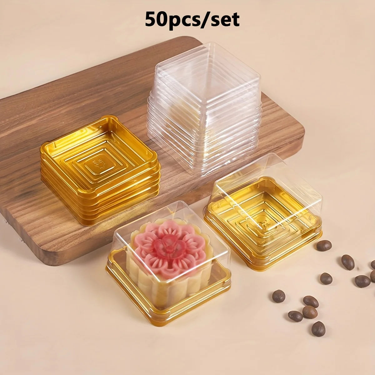 50pcs Dessert Egg-Yolk-Puff BoxTransparent square Plastic Mooncake Dome Packaging Boxes, Moon Cake Container Baking Food Packing
