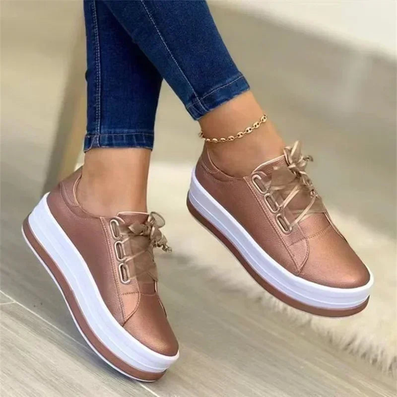 New Women Casual Sneakers Ladies Fashion Ribbon Casual Vulcanized Shoes Lace Up Thick Sole Sneakers Female Shoes Plus Size 43