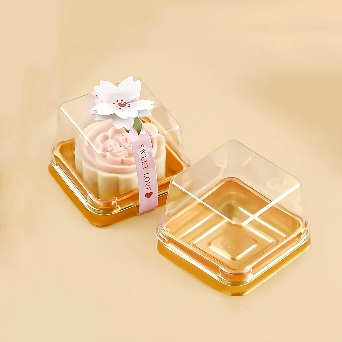 50pcs Dessert Egg-Yolk-Puff BoxTransparent square Plastic Mooncake Dome Packaging Boxes, Moon Cake Container Baking Food Packing