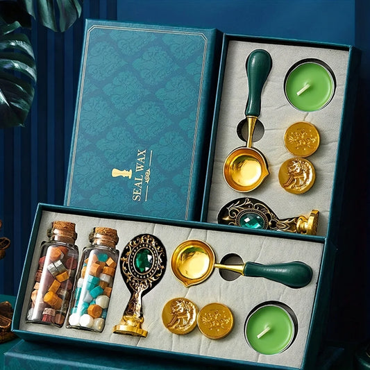 9PCS -European retro wax sealed stamps, wax+spoon+candle+stamp head+handle+colored pen, lacquered brass stamp set