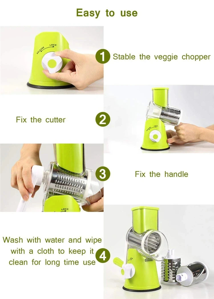 K82 Manual Rotary Vegetable Slicer Cutter Kitchen Vegetable Cheese Grater Chopper with 3 Sharp Stainless Steel Drums KC0082