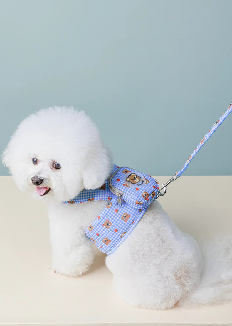 Pet Harness with Backpack for Dog Outdoor Travel Dog Snacks Backpack Cute Bear Motif Dog Harness with Leash Mini Dog Backpack