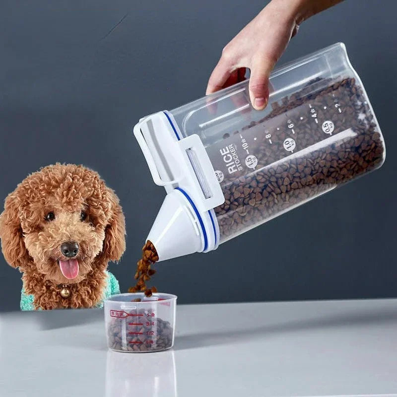 Dog Cat Food Pail Plastic Storage Tank with Measuring Cup Container