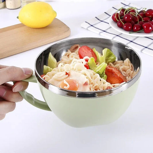 1PCS Stainless Steel Bowl with Handle Solid Color Anti Scalding Instant Noodles Mixing Bowl Kitchen Tableware Food Accessory