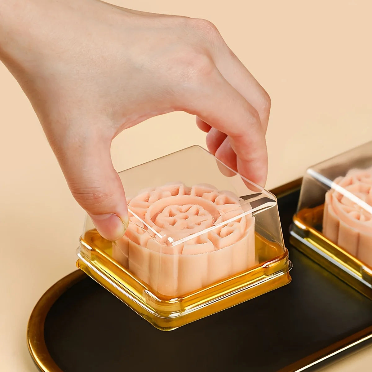 50pcs Dessert Egg-Yolk-Puff BoxTransparent square Plastic Mooncake Dome Packaging Boxes, Moon Cake Container Baking Food Packing