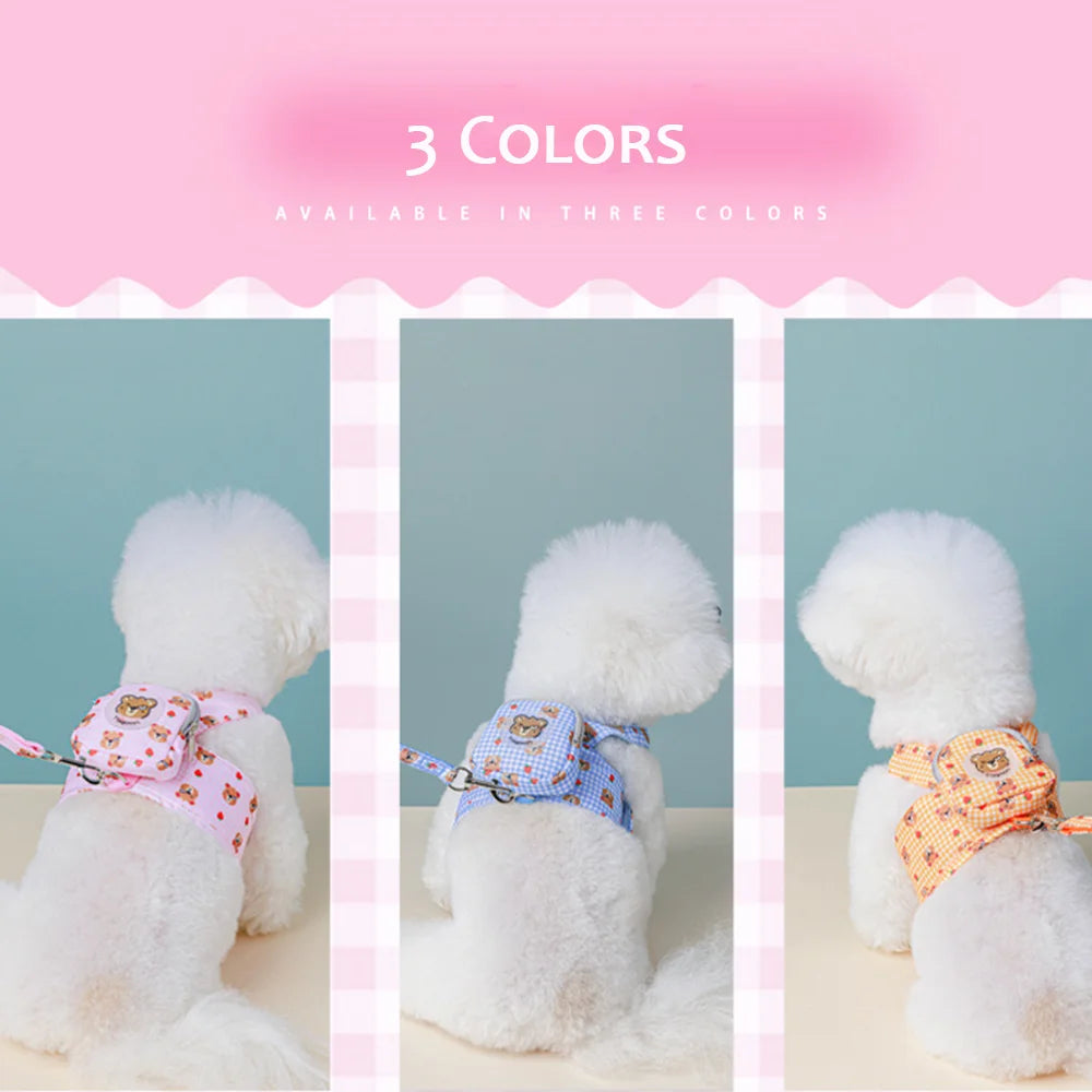 Pet Harness with Backpack for Dog Outdoor Travel Dog Snacks Backpack Cute Bear Motif Dog Harness with Leash Mini Dog Backpack