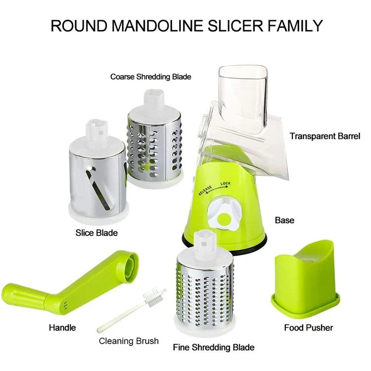 K82 Manual Rotary Vegetable Slicer Cutter Kitchen Vegetable Cheese Grater Chopper with 3 Sharp Stainless Steel Drums KC0082