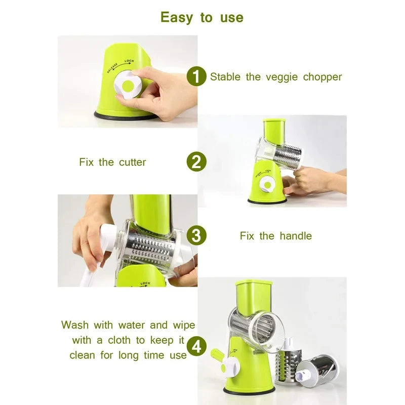 K82 Manual Rotary Vegetable Slicer Cutter Kitchen Vegetable Cheese Grater Chopper with 3 Sharp Stainless Steel Drums KC0082